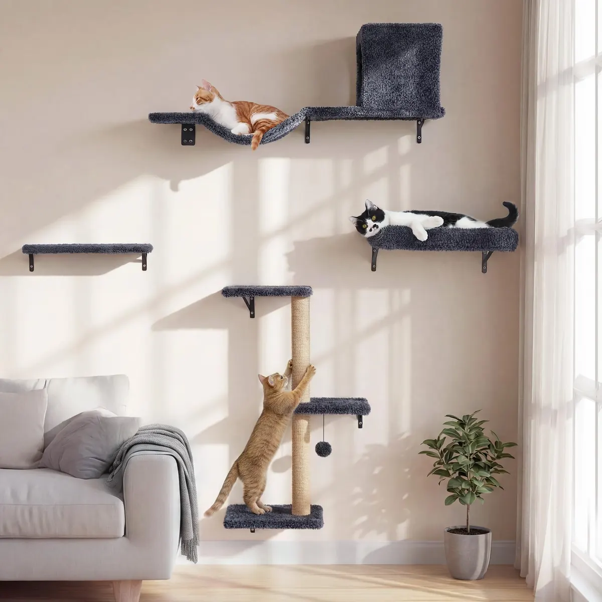 FUKUMARU Set de pared para gatos 4 piezas (puente, cama, poste rascador y estante)