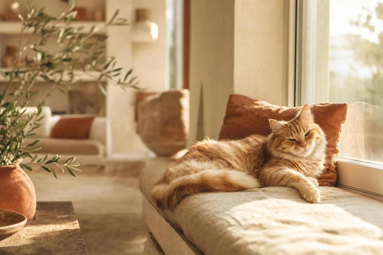 Un gato descansando en un salón cálido y luminoso