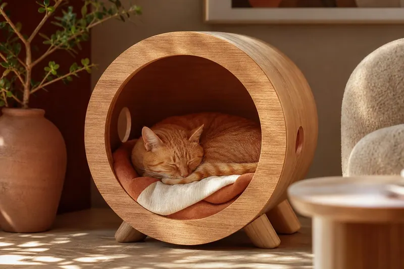 Gato durmiendo en una cama redonda de madera