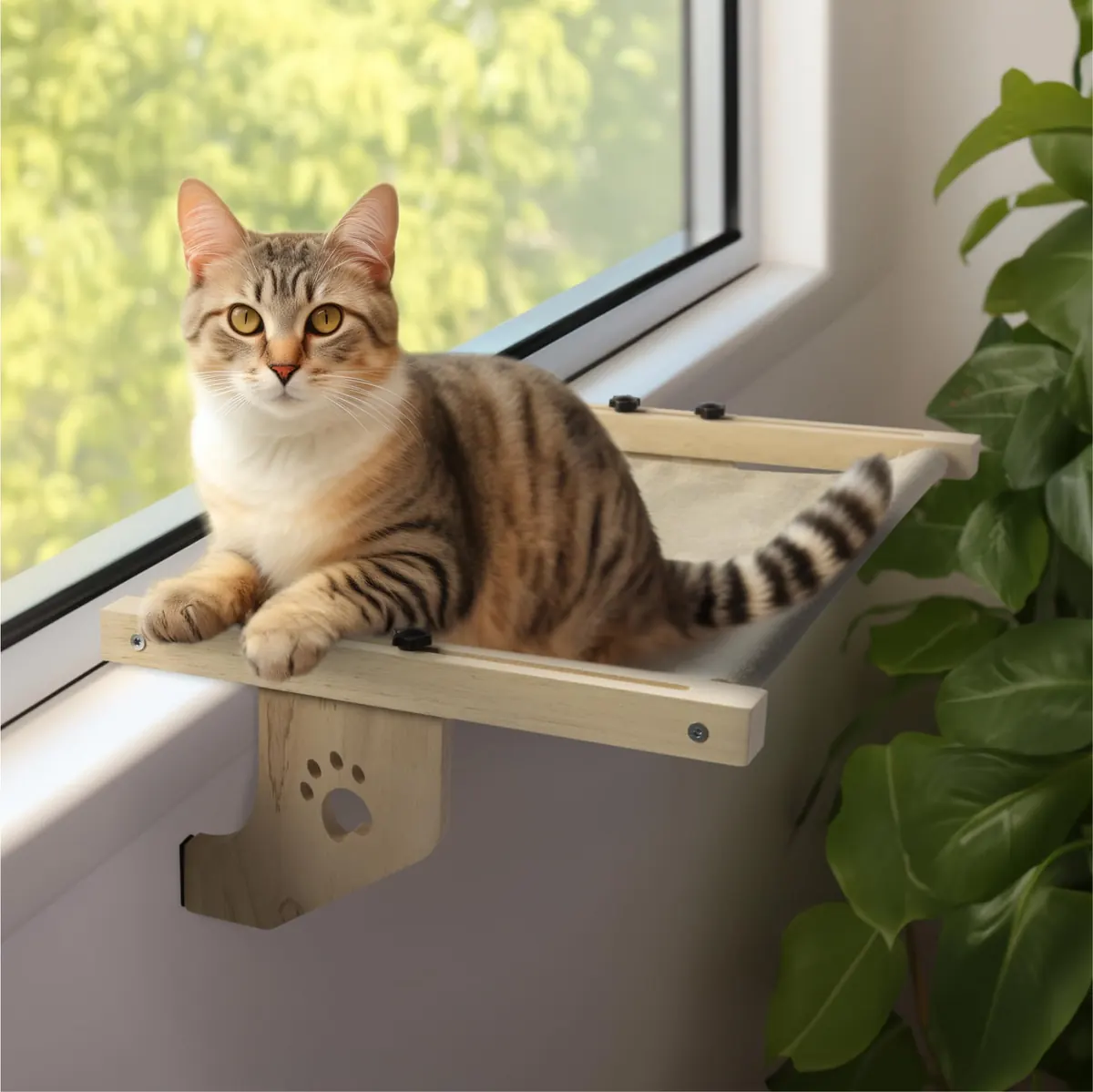 Navaris Cama Colgante para Gatos - Hamaca Gato Ventana de Madera - Instalación sin Herrami