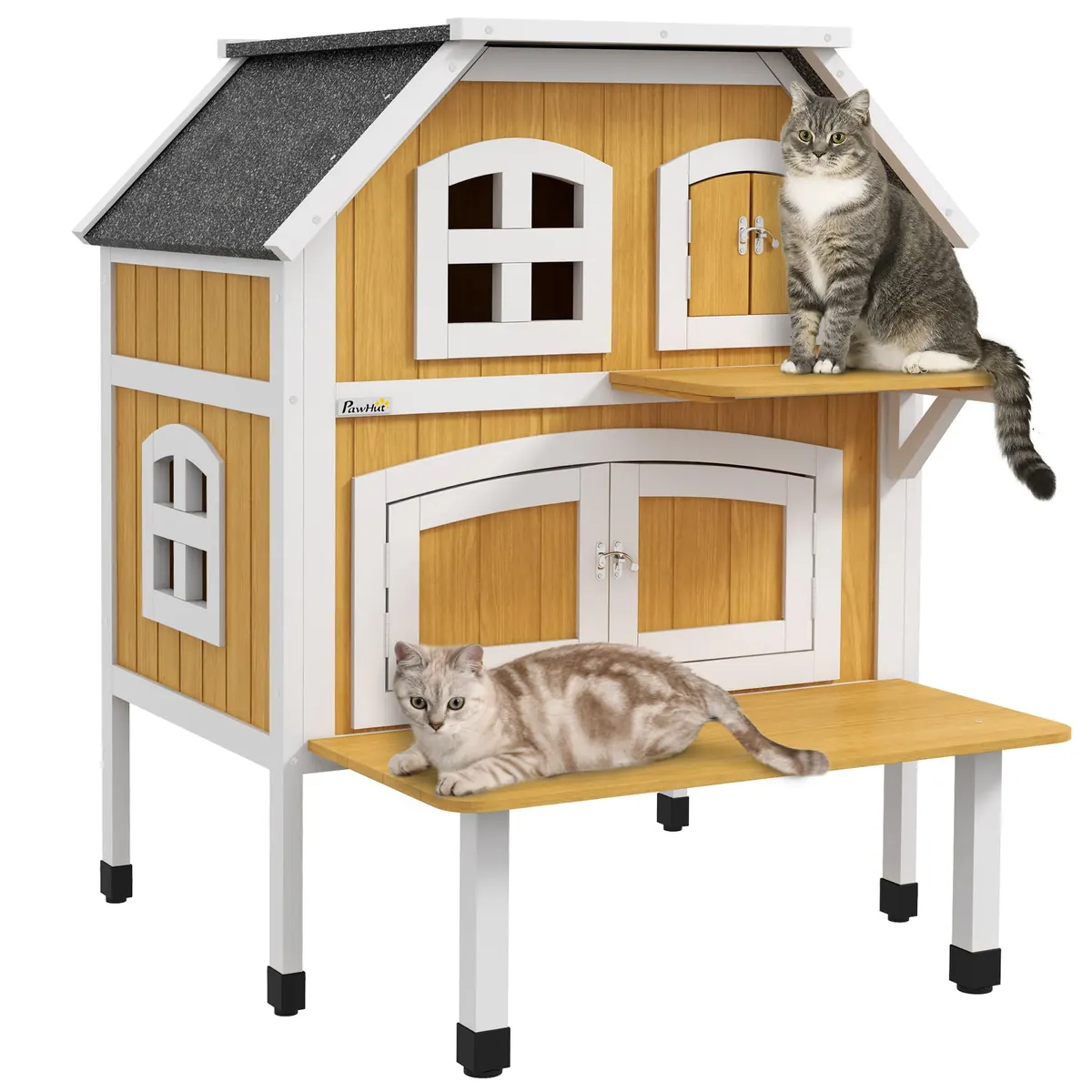 PawHut Casa para Gatos de Madera 78x82x93 cm con Techo Asfáltico Natural