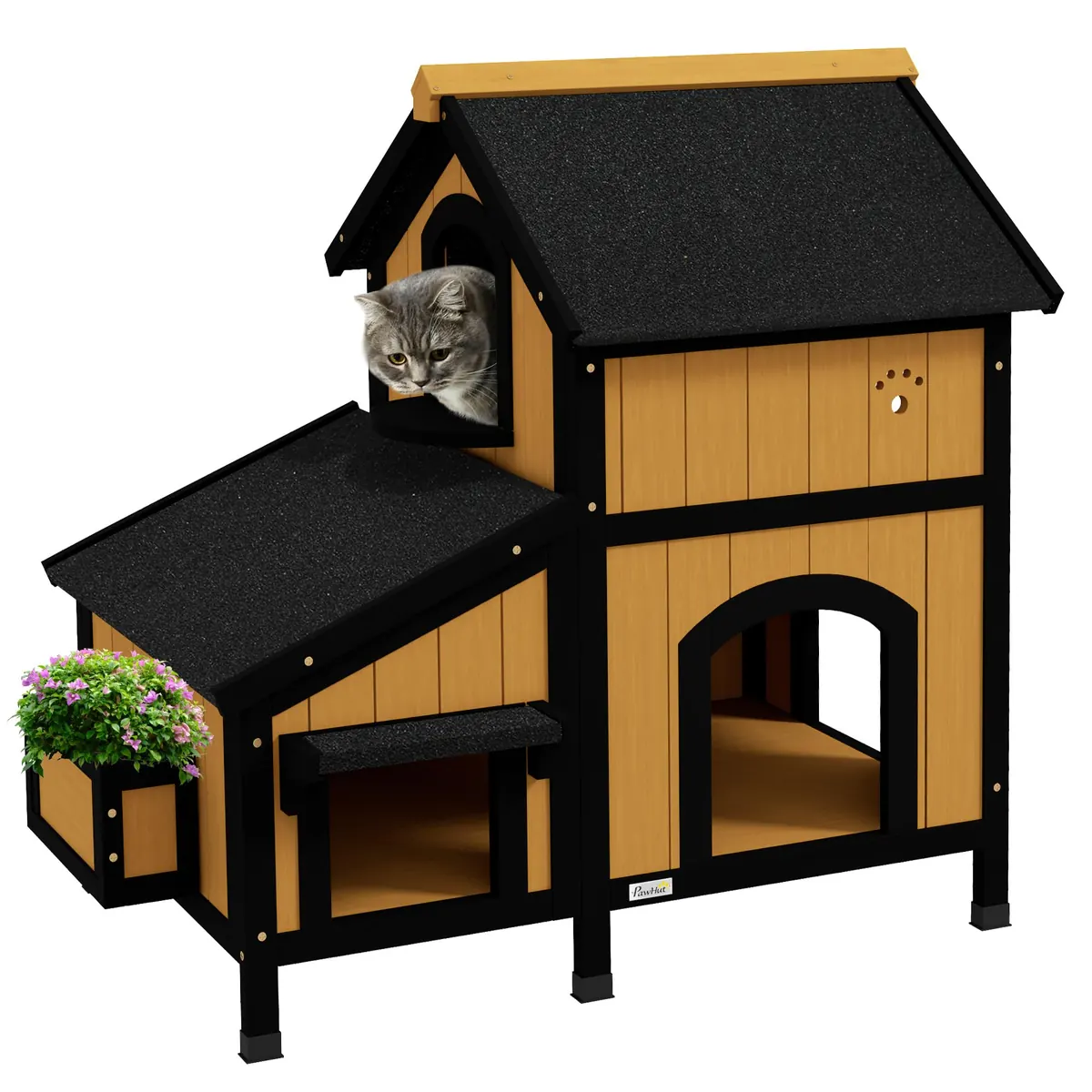 PawHut Casa para gatos de madera con macetero, 2 niveles 96x65x85,5 cm