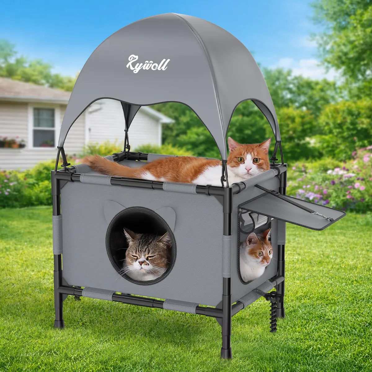 Rywell Casa para Gato de Exterior Elevada con Terraza
