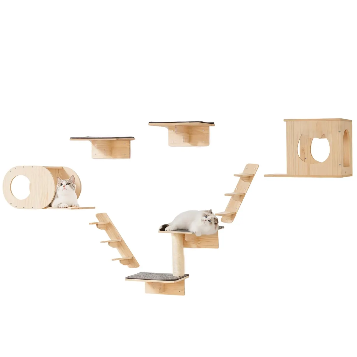 VEVOR Set de 7 estantes de pared para gatos (madera de pino, hasta 18 kg)