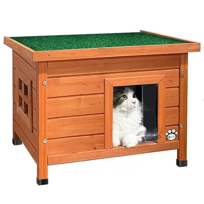 VOUNOT Casa para gatos de madera con techo asfáltico, 57x45x43 cm